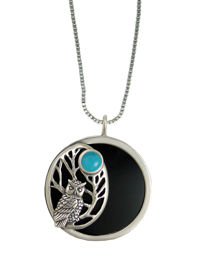 Sterling Silver Black Onyx Disc Wise Owl Pendant Necklace With Turquoise Sterling Silver Black Onyx Disc Wise Owl Pendant Necklace With Turquoise